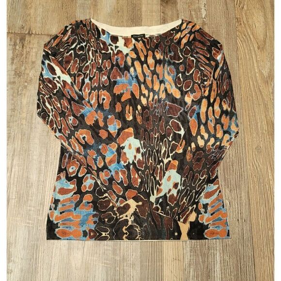 Talbots Sweater XS Gray Brown Blue 100% Merino Wool Abstract Pullover Womens - Picture 1 of 7